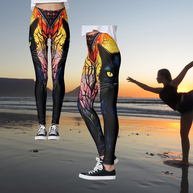 Black Cat Stached Glass Red Spooky Yoga Leggings (Zazzle Black Cat Lover Stained Glass Red Spooky Yoga Leggings)