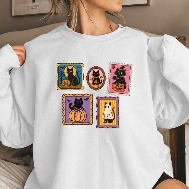 Black Cat Stamps Women’s Halloween Sweatshirt | Cu T Shirt (Black cat stamps sweatshirt, Halloween)