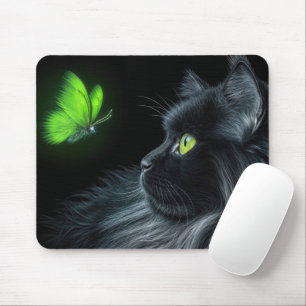 Black Cat Staring at a Glowing Grönt Butterfly Musmatta