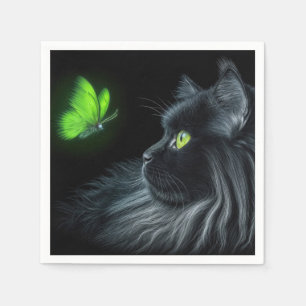 Black Cat Staring at a Glowing Grönt Butterfly Pappersservett