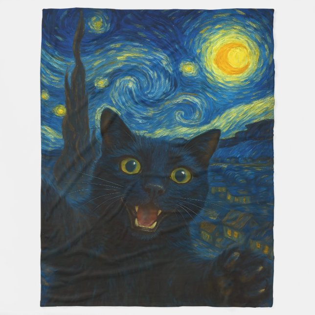 Black Cat Starry Night Van Gogh Cat Selfie Fleecefilt (Framsidan)