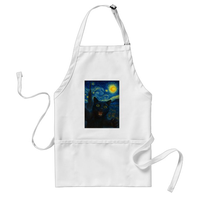 Black Cat Starry Night Van Gogh Cat Selfie Förkläde (Framsidan)