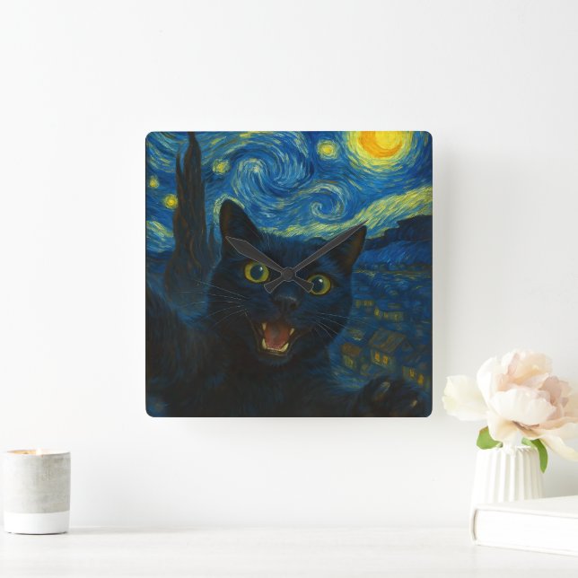 Black Cat Starry Night Van Gogh Cat Selfie Fyrkantig Klocka (Hem)