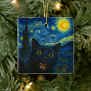 Black Cat Starry Night Van Gogh Cat Selfie Julgransprydnad Keramik