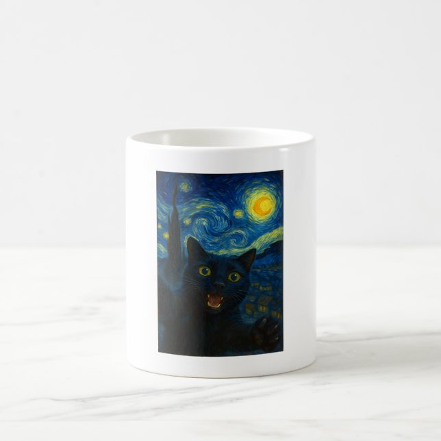 Black Cat Starry Night Van Gogh Cat Selfie Kaffemugg (Center)