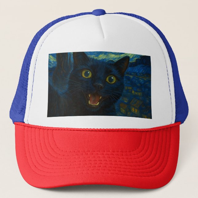 Black Cat Starry Night Van Gogh Cat Selfie Keps (Framsida)