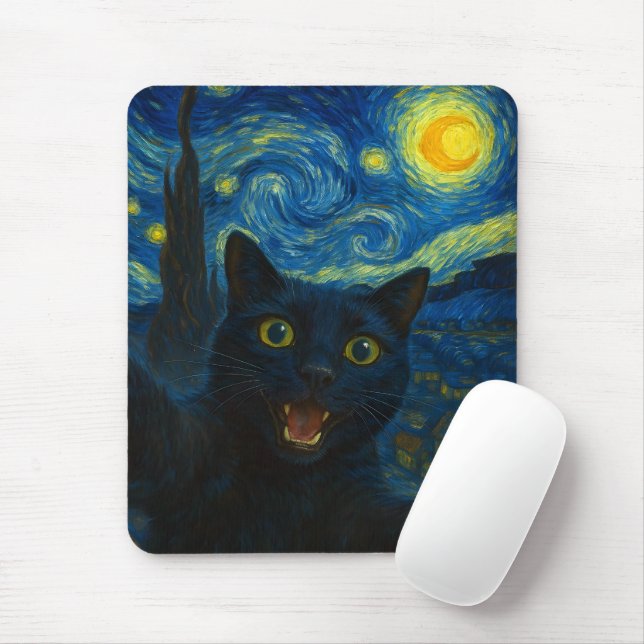 Black Cat Starry Night Van Gogh Cat Selfie Musmatta (Med mus)