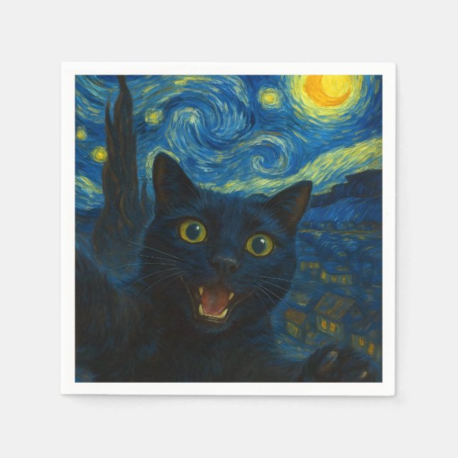 Black Cat Starry Night Van Gogh Cat Selfie Pappersservett (Framsidan)