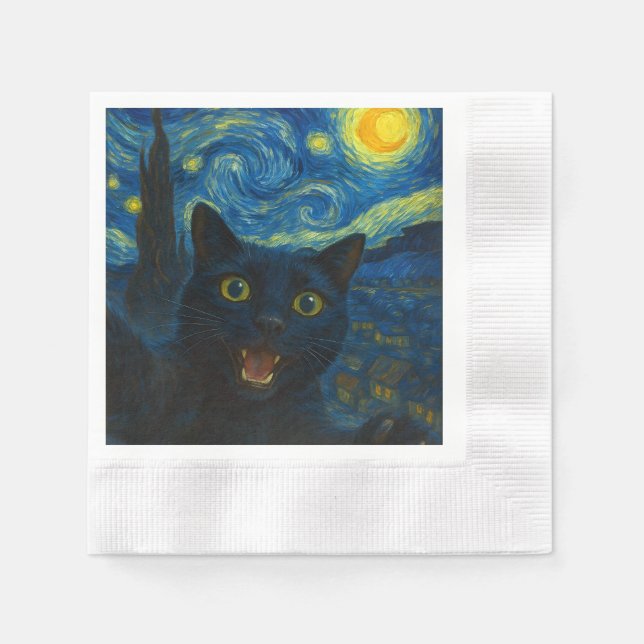 Black Cat Starry Night Van Gogh Cat Selfie Pappersservett (Framsidan)