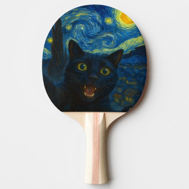 Black Cat Starry Night Van Gogh Cat Selfie Pingisracket (Framsidan)