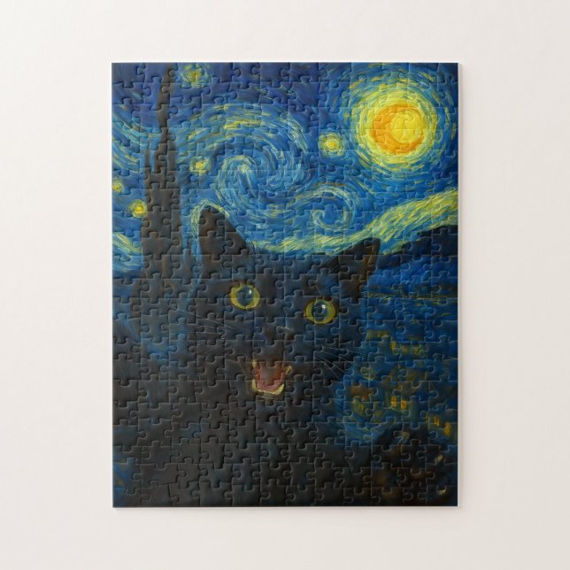 Black Cat Starry Night Van Gogh Cat Selfie Pussel (Vertikal)