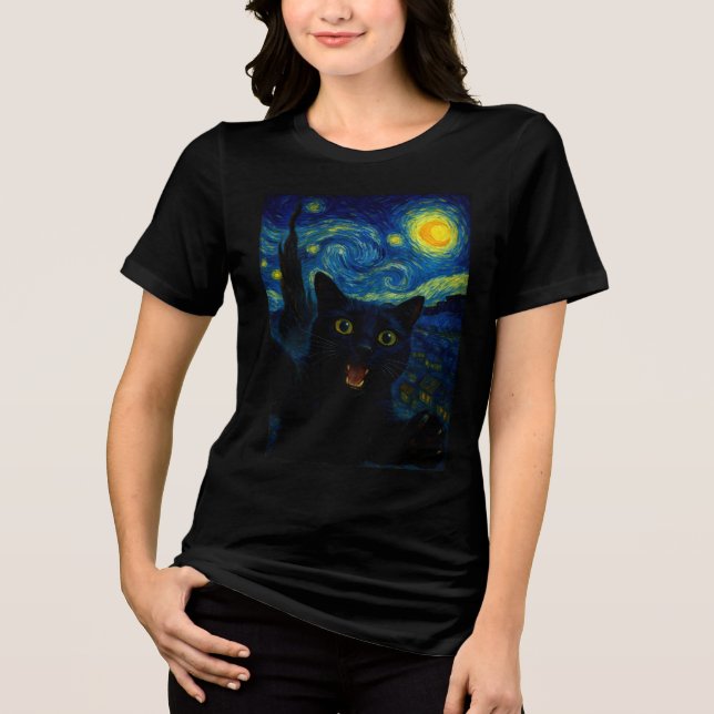 Black Cat Starry Night Van Gogh Cat Selfie T Shirt (Framsida)