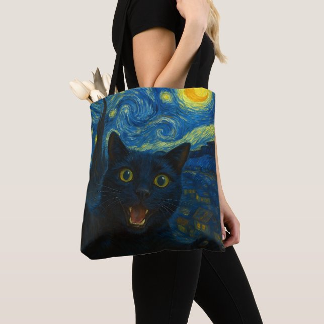 Black Cat Starry Night Van Gogh Cat Selfie Tygkasse (Närbild)