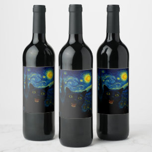Black Cat Starry Night Van Gogh Cat Selfie Vinflaska Etikett