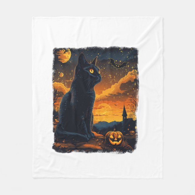 Black Cat Starry Night Van Gogh Pumpkins Fladdermu Fleecefilt (Framsidan)