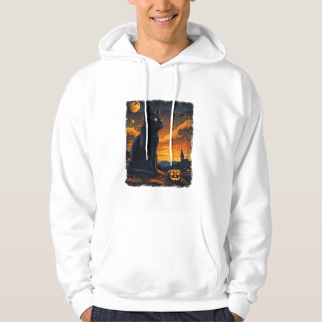 Black Cat Starry Night Van Gogh Pumpkins Fladdermu Hoodie (Framsida)