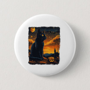 Black Cat Starry Night Van Gogh Pumpkins Fladdermu Knapp