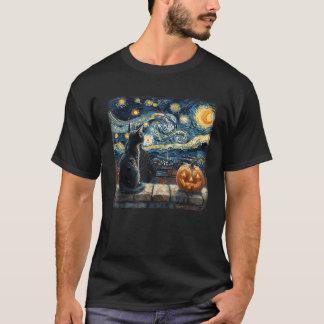 Black Cat Starry Night Van Gogh Pumpkins Roligt Ha T Shirt