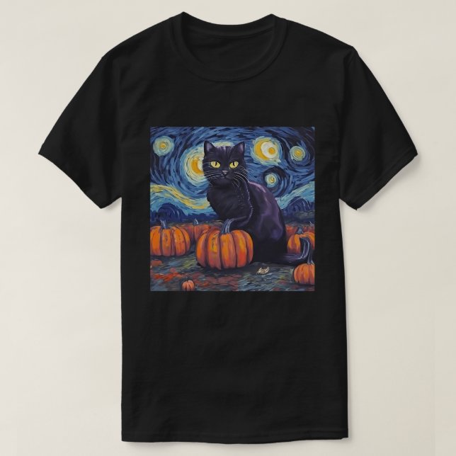 Black Cat Starry Night Van Gogh Stil Art Pumpkin T Shirt (Design framsida)