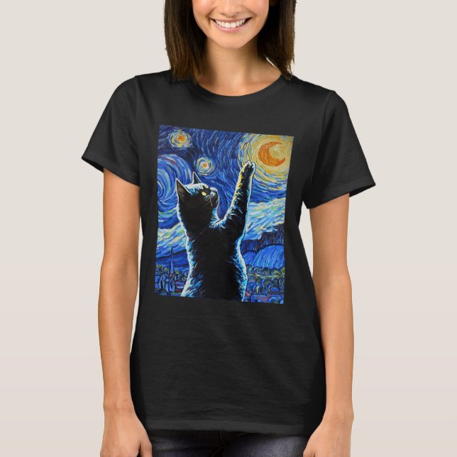 Black Cat Starry Night Vincent Van Gogh Halloween T Shirt (Framsida)