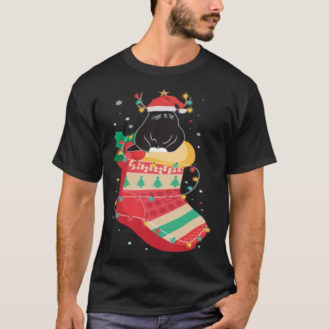 Black Cat Stockings Clothing Cool  Holiday Christm T Shirt (Framsida)