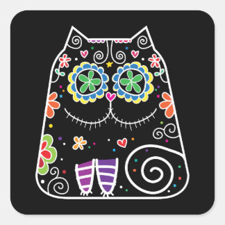 Black Cat Sugar Skull Fyrkantigt Klistermärke