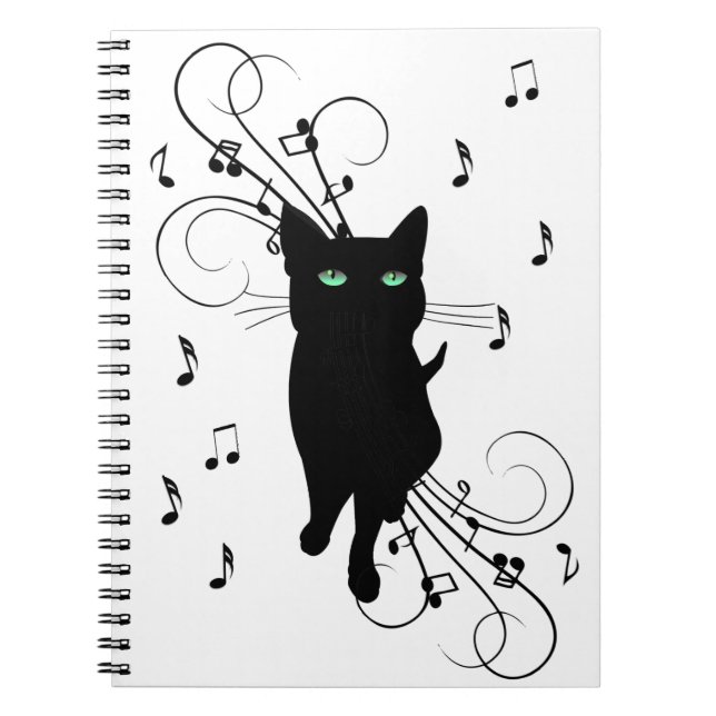 Black Cat Surrounded by Whispering Notes of Music Anteckningsbok (Framsidan)
