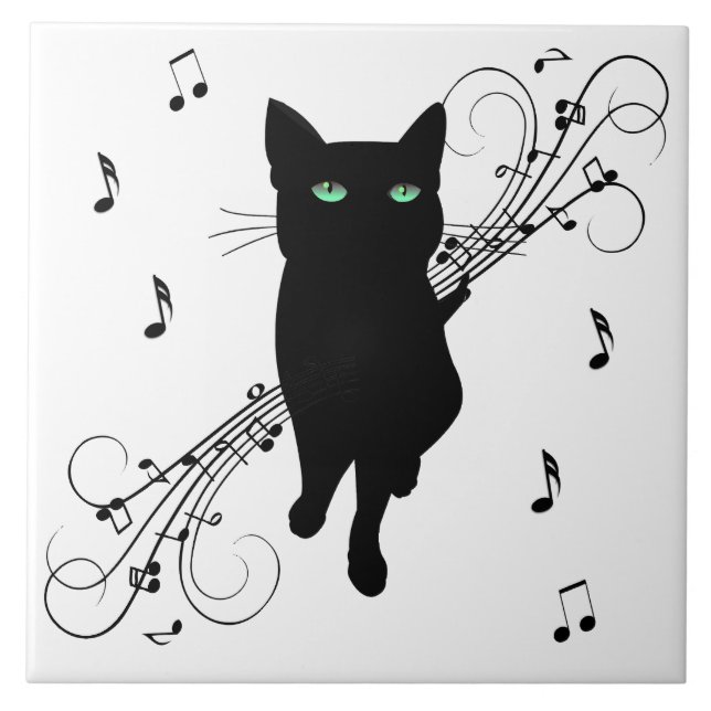 Black Cat Surrounded by Whispering Notes of Music Kakelplatta (Framsidan)