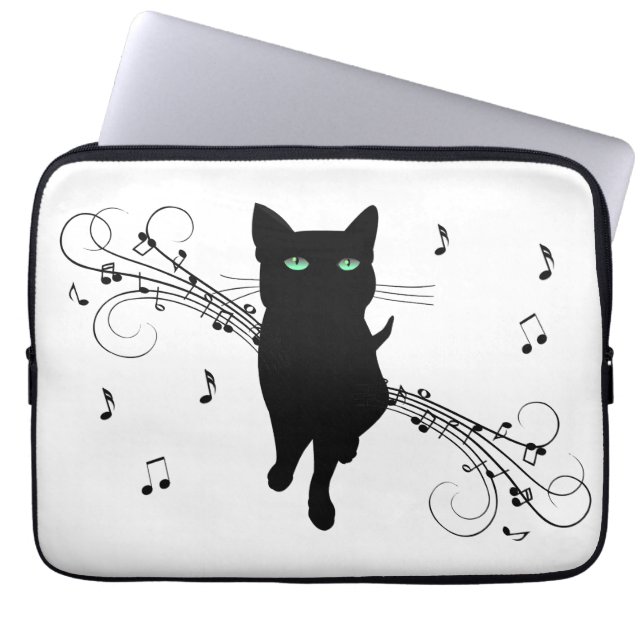 Black Cat Surrounded by Whispering Notes of Music Laptop Fodral (Framsidan)