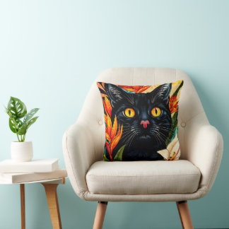 Black Cat Surrounded With Flowers Pillow Kudde