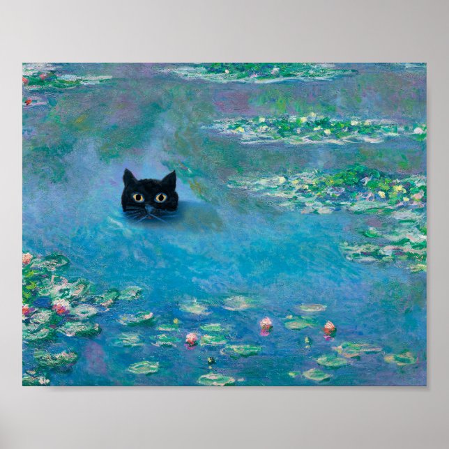 Black Cat Swimming i Vatten Lilies Decoupage Art Poster (Framsidan)