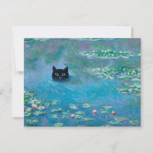Black Cat Swimming i Vatten Lilies Decoupage Funny Vykort