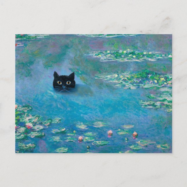 Black Cat Swimming i Vatten Lilies Decoupage Funny Vykort (Framsida)