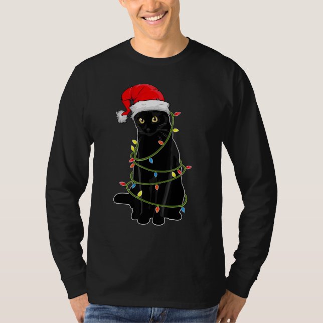 Black Cat Tangled Up In Christmas Lights Santa Hat T Shirt (Framsida)