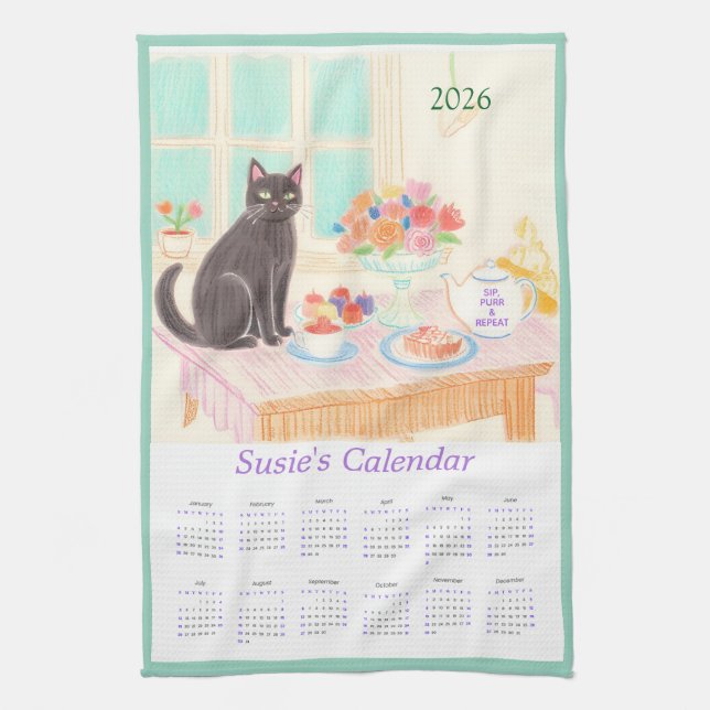 Black Cat & Tea Party Kitchen Towel Calendar Kökshandduk (Vertikal)