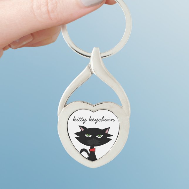 Black Cat Tecknad Cute Kattunge Hjärtnyckelring Twisted Heart Silverfärgad Nyckelring (For lovers of black cats and keychains. Add your cat's name (or yours))