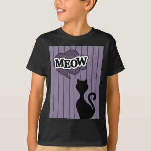 Black cat tecknad säger lila meow t shirt