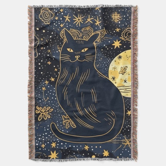 Black Cat the Starry Himlar Throw Blanket Filt (Framsidan Vertikal)