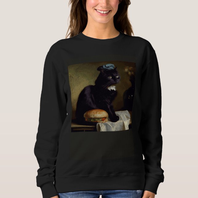 Black Cat Thinking Hamburger T Shirt (Framsida)