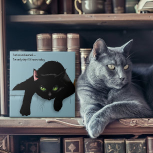 Black Cat Tired Blue Funny Kakelplatta