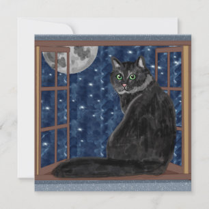 Black Cat Tittar ut fönster vid Stars och Måne Kort