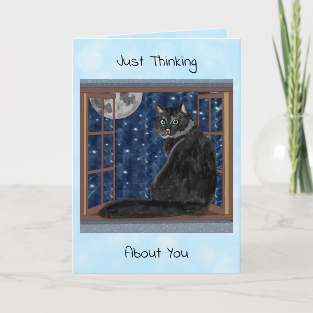 Black Cat Tittar ut fönster vid Stars och Måne Kort (Framsida)