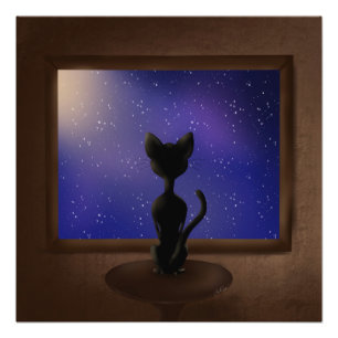 Black Cat tittar ut genom fönstret himmel stjärnor Fototryck