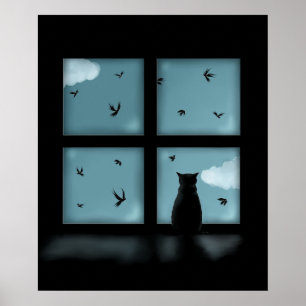 Black Cat Tittar ut vid himlen Poster