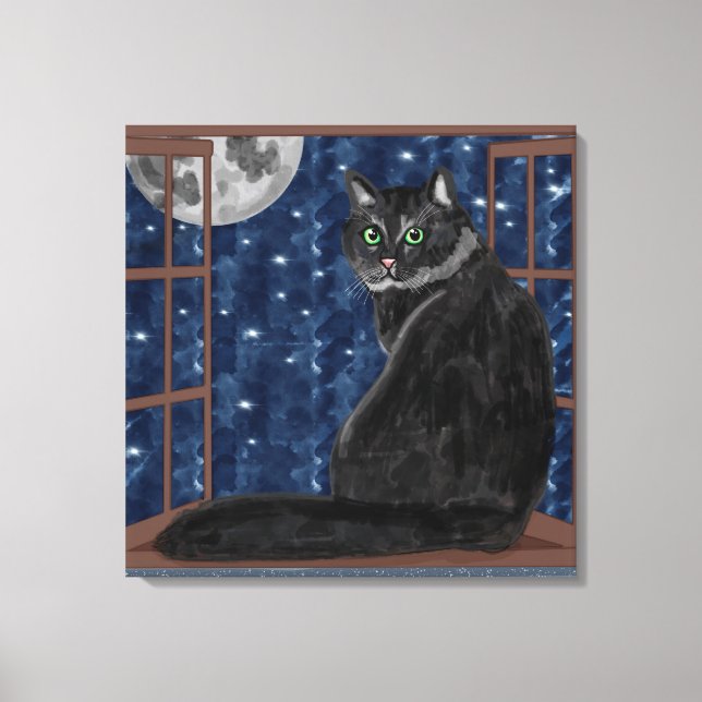 Black Cat Tittar vid Måne och Stars Canvastryck (Framsida)