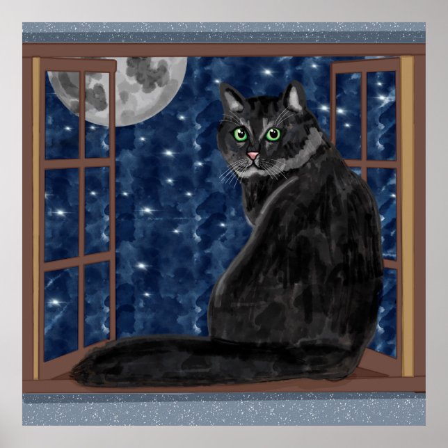 Black Cat Tittar vid Måne och Stars Poster (Framsidan)