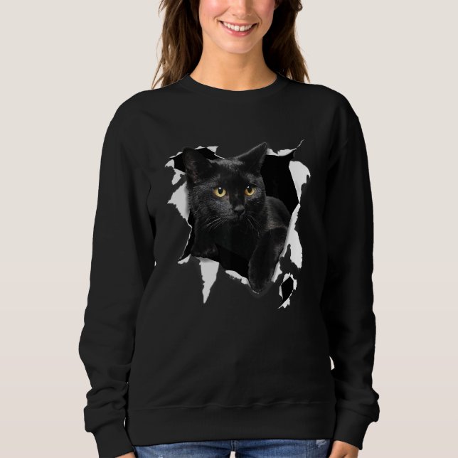 Black Cat Torn Trasa Cat T Shirt (Framsida)