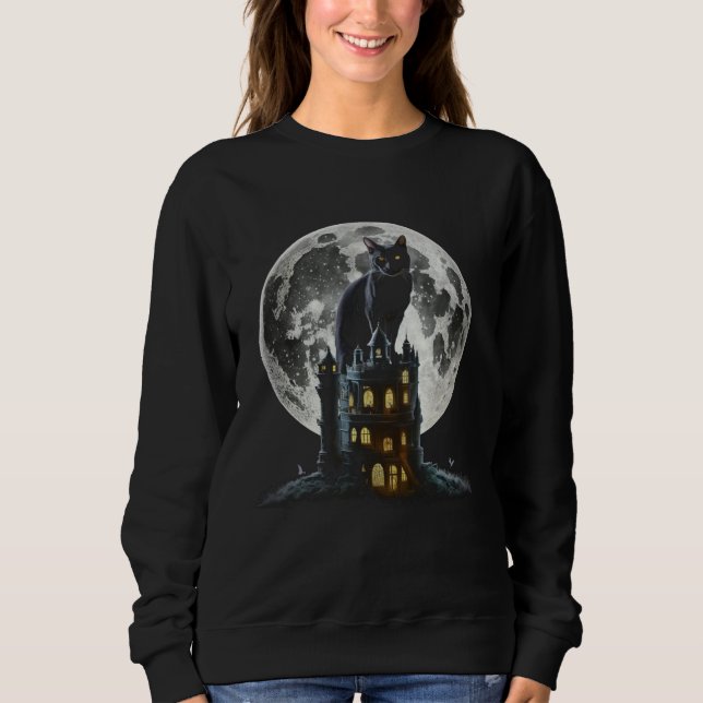 Black Cat Tower Moon Graphic Tees Men Women Boys G T Shirt (Framsida)