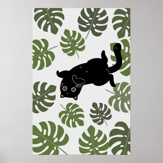 Black Cat Tropical Leaves Plant Lover Poster (Framsidan)