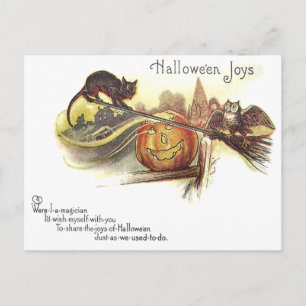 Black Cat Uggla Jack O'Lantern Witch's Broom Vykort